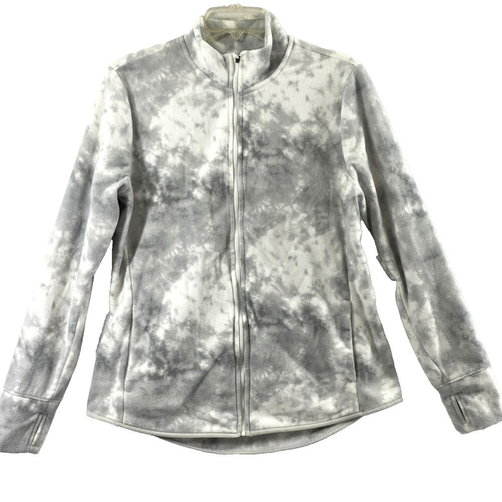Womens Fleece Jacket Size Large Gray White Tie Dye Thumbhole Full Zip Athletic